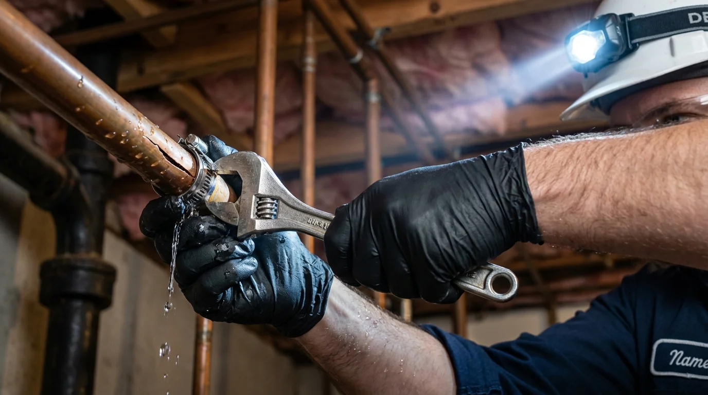 Emergency pipe clamp repair being performed by a Johns Plumbing LLC plumber in Dana Point